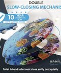 Soft Close Round Toilet Seat In Molded Wood With Quiet Slow Close, Decorative Ocean Print On All Sides displayed in open position