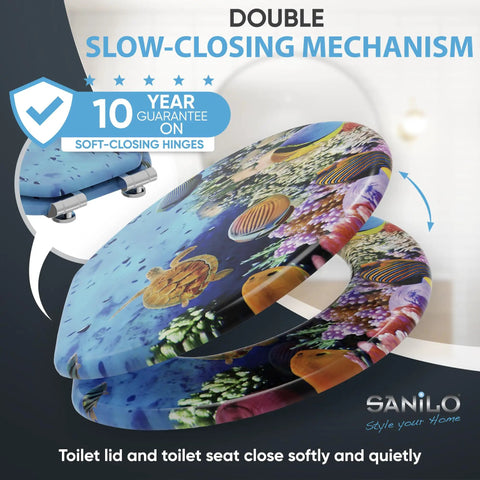 Soft Close Round Toilet Seat In Molded Wood With Quiet Slow Close, Decorative Ocean Print On All Sides displayed in open position