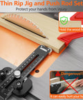 Thin Rip Table Saw Jig With Push Block And Dual Pulleys for precision repeatable narrow strip cuts on table saw with wood piece.