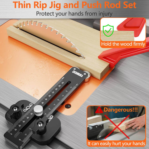 Thin Rip Table Saw Jig With Push Block And Dual Pulleys for precision repeatable narrow strip cuts on table saw with wood piece.