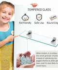 Child pointing to Floating Glass Bathroom Shelf 16 Inch Tempered Glass Wall Shelf with Brushed Nickel Brackets Dope Space Saving Organizer 2 Pack Easy Install Built To Last. Features of the tempered glass such as kid-friendliness and safety attributes are displayed in the image.