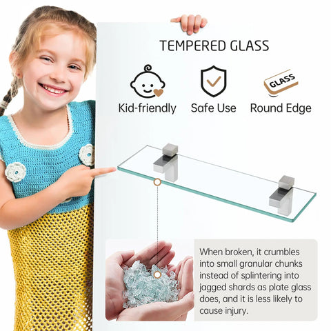 Child pointing to Floating Glass Bathroom Shelf 16 Inch Tempered Glass Wall Shelf with Brushed Nickel Brackets Dope Space Saving Organizer 2 Pack Easy Install Built To Last. Features of the tempered glass such as kid-friendliness and safety attributes are displayed in the image.