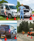 Collapsible 18 Inch Orange Traffic Cones Set Of 5 With Reflective Strips near vehicles for parking and road safety.
