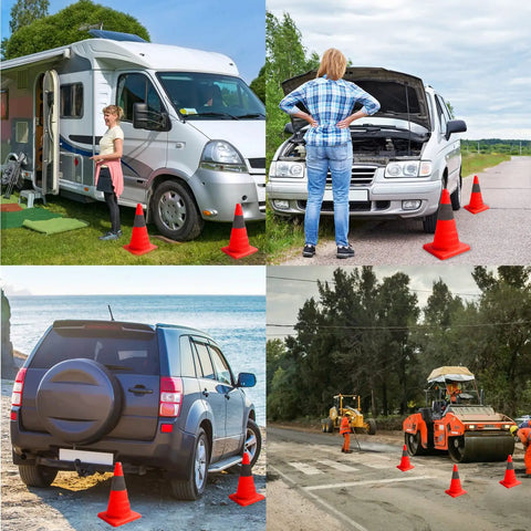 Collapsible 18 Inch Orange Traffic Cones Set Of 5 With Reflective Strips near vehicles for parking and road safety.
