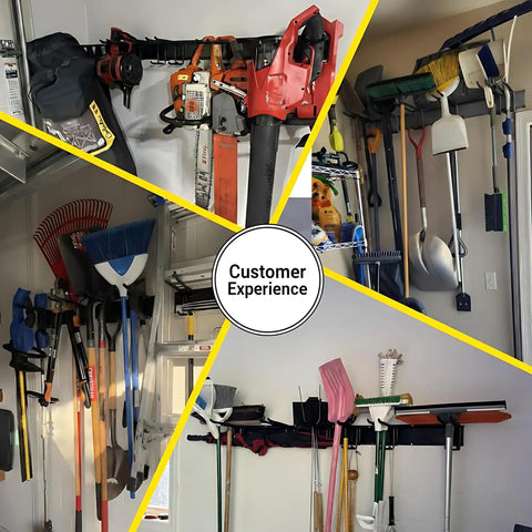 Heavy Duty Wall Mount Garage Tool Organizer With Adjustable Sliding Hooks, 500 Lbs Capacity, mounted with various tools and equipment.