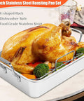Nonstick 15 Inch Stainless Steel Roasting Pan With V Rack And Cooling Rack Your Go To Rectangle Turkey Roaster For Turkey Chicken And Veggies Dishwasher Safe Heavy Duty Bake Pan That Fits Up To 20Lb Turkey with turkey inside