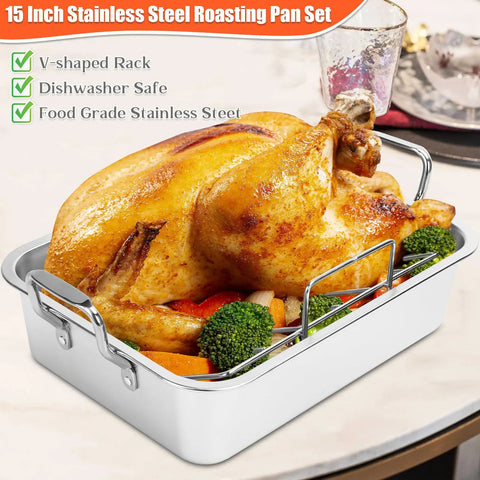 Nonstick 15 Inch Stainless Steel Roasting Pan With V Rack And Cooling Rack Your Go To Rectangle Turkey Roaster For Turkey Chicken And Veggies Dishwasher Safe Heavy Duty Bake Pan That Fits Up To 20Lb Turkey with turkey inside
