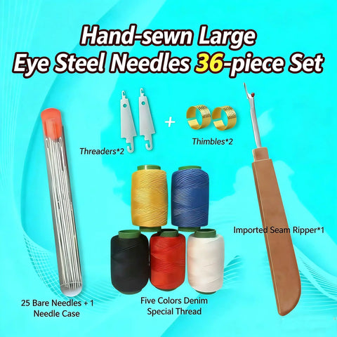 Big Eye Sewing Needles Kit 36 Pcs Stainless Steel With Storage Box displayed with threads and seam ripper