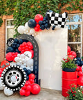 Lit Race Car Balloons Checkered Flag And Tire Balloons Red Black White Latex 12 Inch 35 Piece Party Decor Kit backdrop