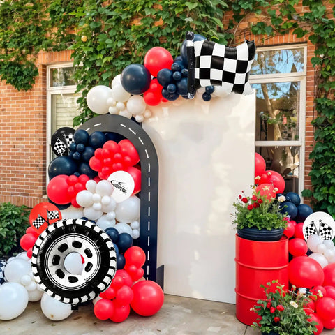 Lit Race Car Balloons Checkered Flag And Tire Balloons Red Black White Latex 12 Inch 35 Piece Party Decor Kit backdrop