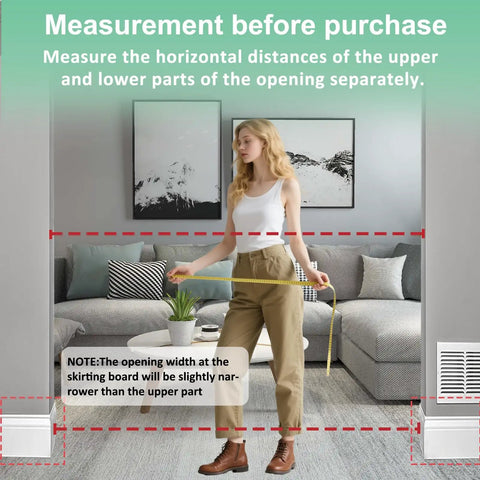 Woman measuring doorway for Extra Wide Pressure Mounted Baby Gate Walk Through For Kids And Pets With Extension For Doorways And Kitchen Large White Safety Gate For Doors 110 To 122 Cm.