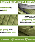 Materials of 2 Person Camping Hammock With Mosquito Net And Built In Underquilt shown: B3 mesh, 300T polyester, 210T nylon.