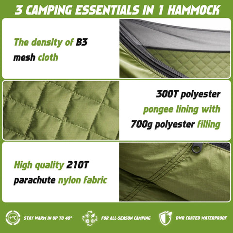 Materials of 2 Person Camping Hammock With Mosquito Net And Built In Underquilt shown: B3 mesh, 300T polyester, 210T nylon.