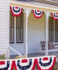 Porch decorated with Three Piece Pleated Fan All American Flags Set 1.5x3 Ft Red White Blue Banners For 4th of July Memorial Day Veterans Day