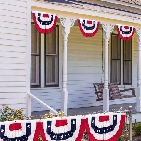 Porch decorated with Three Piece Pleated Fan All American Flags Set 1.5x3 Ft Red White Blue Banners For 4th of July Memorial Day Veterans Day