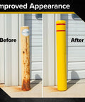 High Density Polyethylene Safety Bollard Covers Refresh Rusty Outposts With Zero Sweat Installation, yellow cover fitting over rusty post.