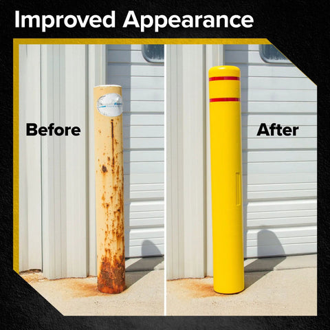 High Density Polyethylene Safety Bollard Covers Refresh Rusty Outposts With Zero Sweat Installation, yellow cover fitting over rusty post.