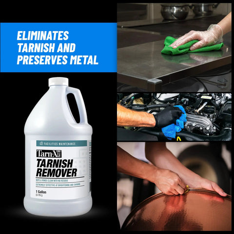 Pro Grade Tarnish Remover 1 Gallon for Jewelry and Metal Restoration on table, engine, and copper surface cleaning.