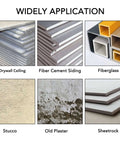 Construction materials collage showing drywall, fiber cement siding, fiberglass, stucco, old plaster, and sheetrock samples.
