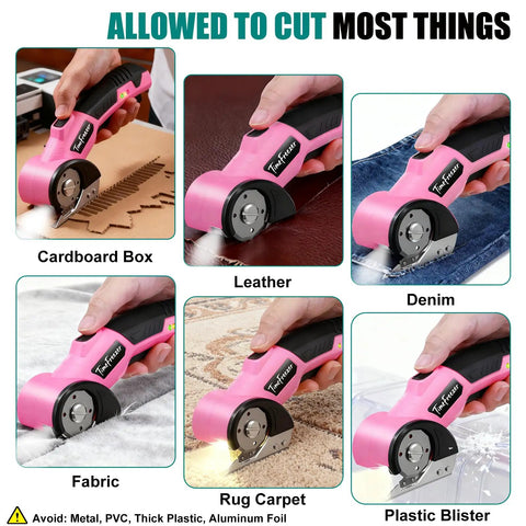 Heavy Duty 4V Electric Cardboard Cutter With Bright Led Light, Ergonomic Handle For Easy Shipping And Packing Boxes, Fast Automatic Cutting Tool For Home Office Storage And Moving Day Projects cutting through various materials including cardboard and leather.