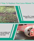 Signs that it's time to replace lawn mower tires, including scalping grass and damaged tire tread.