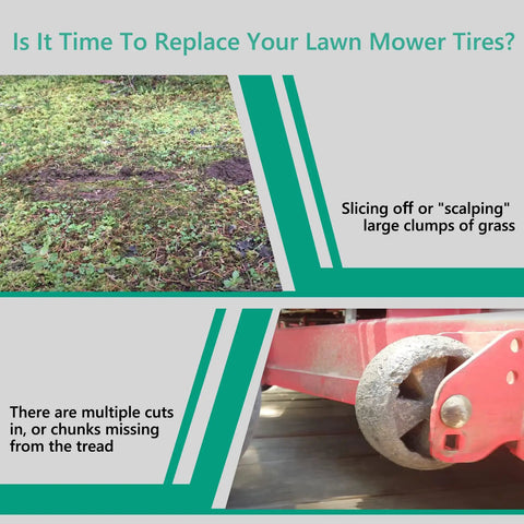 Signs that it's time to replace lawn mower tires, including scalping grass and damaged tire tread.