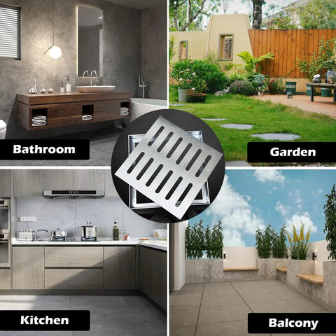 Heavy Duty 304 Stainless Steel Drain Grate With Base Built Like A Tank Rock Solid Outdoor Catch Basin Cover Jobsite Ready For Yard Deck And Garden Kicks Out Debris Flows Smooth 60X60 Cm displayed in bathroom, garden, kitchen, and balcony settings.
