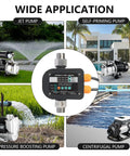 Plug Play Smart Pump Controller With Auto Water Level And Flow Tracking Digital Readout showing various pump applications.