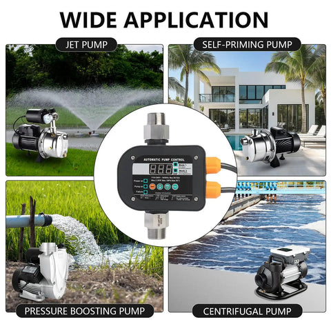 Plug Play Smart Pump Controller With Auto Water Level And Flow Tracking Digital Readout showing various pump applications.