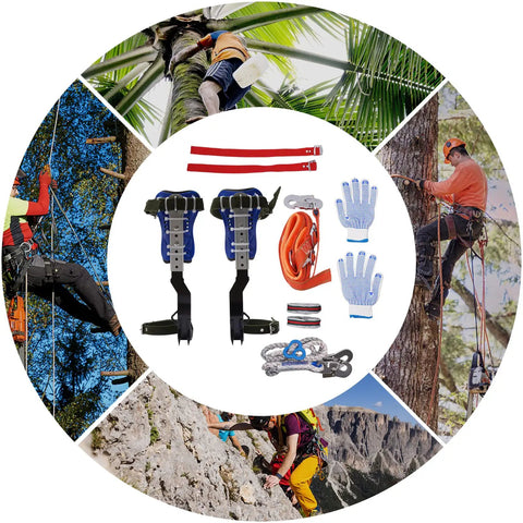 Pro Grade Tree Climbing Spikes Set With Safety Belt And Gloves Adjustable Non Slip Pedal Climbing Gear collage