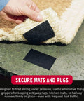Black adhesive-backed Velcro strip (4x2 in) being pressed onto a rug by hand
