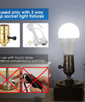 Three Way LED Bulbs A19 E26 Base Daylight 5000K 50W 100W 150W Equivalents shown lit in lamp with usage instructions