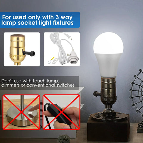 Three Way LED Bulbs A19 E26 Base Daylight 5000K 50W 100W 150W Equivalents shown lit in lamp with usage instructions