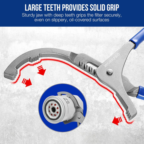 Oil Filter Wrench Set With 9 Inch And 12 Inch Adjustable Removal Pliers showcasing grip teeth and filter contact