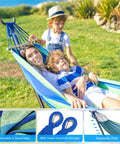 Heavy Duty Double Hammock For Indoor And Outdoor Use, Portable 500 Pound Capacity, Two Person Comfort With Carrying Bag, Wide Blue Hammock For Backyard, Beach Or Park Lounging with family relaxing outdoors