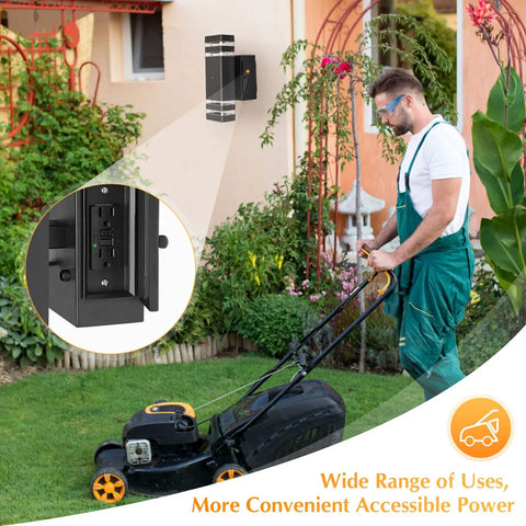 Man mowing lawn with Dusk To Dawn Porch Light With Outlet And Up Down Exterior Wall Fixture, Black Waterproof Outdoor Light for House Porch and Garage