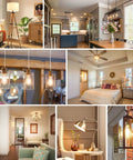 Collage showcasing 4 Pack Vintage LED Edison Bulbs 60W Equivalent illuminating various home settings, clear glass, E26 base.