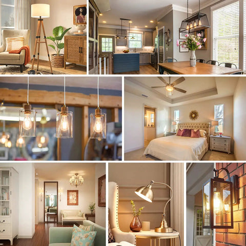 Collage showcasing 4 Pack Vintage LED Edison Bulbs 60W Equivalent illuminating various home settings, clear glass, E26 base.