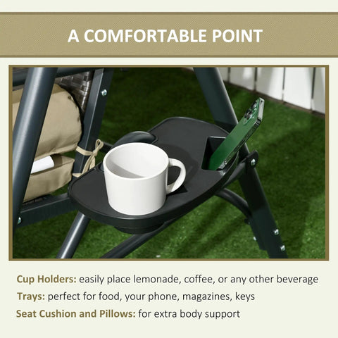 Cup holder and tray on Three Seat Outdoor Patio Swing Chair With Adjustable Canopy And Removable Cushions, Rattan Seat