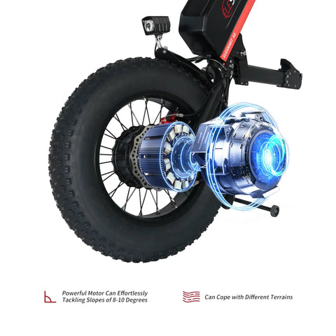 Close-up of A8 Electric Handcycle Wheelchair Power Attachment Upgrade Kit motor and wheel, black and red, rugged terrain features
