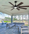Large Ceiling Fan with Light in a spacious outdoor patio, featuring dark wood blades and bright light.