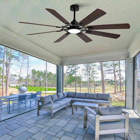 Large Ceiling Fan with Light in a spacious outdoor patio, featuring dark wood blades and bright light.
