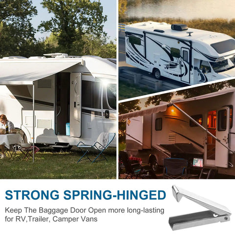Heavy Duty Stainless Steel RV Baggage Door Catch And Compartment Latch 4 Pack For RVs Trailers Campers, shown installed on RVs.