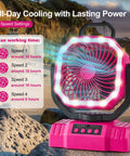 Pink Portable Camping Fan With LED Lantern And 20000mAh Battery Auto Oscillation Remote Timer 360 Degree Rotation Hook Four Speeds