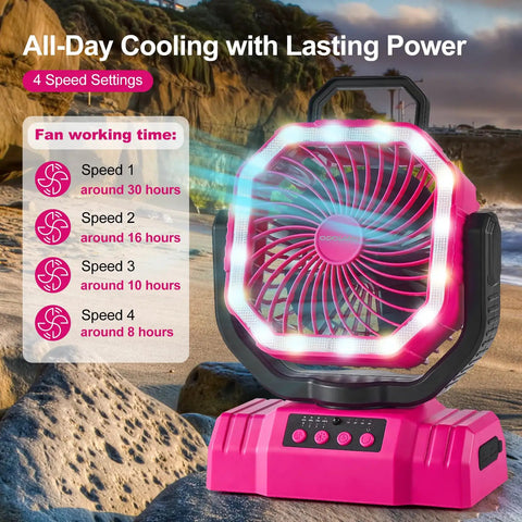 Pink Portable Camping Fan With LED Lantern And 20000mAh Battery Auto Oscillation Remote Timer 360 Degree Rotation Hook Four Speeds