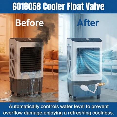 Float Valve With Brass Adapter For Portacool Swamp Coolers Part 6018058 That Replaces OEM Valve And Fits MC18 MC26 Before After Image