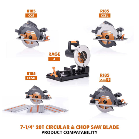Collection of Rage Four Workhorse Seven And A Quarter Inch TCT Multipurpose Chop Saws for steel, aluminum, wood, and plastic.