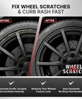Before and after image showcasing Snatch These Bold Anthracite And Dark Gray Rim Touch Up Paint Pens for quick alloy wheel scratch repair.