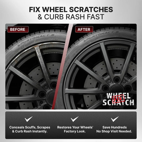 Before and after image showcasing Snatch These Bold Anthracite And Dark Gray Rim Touch Up Paint Pens for quick alloy wheel scratch repair.