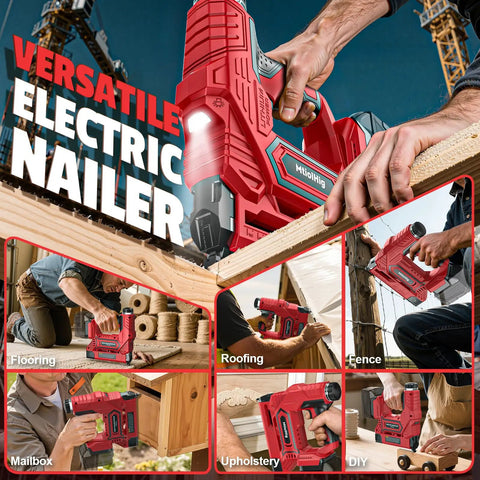 Straight Shooter Cordless Brad Nailer And Staple Gun Pack Includes Two Thousand Nails For Fast Carpentry And DIY Fixes close-up view of nailer in use on wood